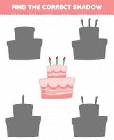 Education game for children find the correct shadow set of cartoon cake vector