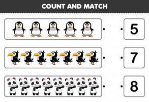 Education game for children count and match count the number of cute cartoon black and white animal penguin toucan panda and match with the right numbers printable worksheet vector