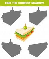 juego educativo para niños encuentra el juego de sombras correcto de sándwich de dibujos animados vector