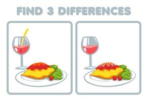 Education game for children find three differences between two cartoon picture of food omelet and juice vector