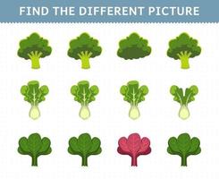Education game for children find the different picture in each row vegetables broccoli lettuce spinach vector