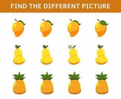 Education game for children find the different picture in each row fruits mango pear pineapple vector