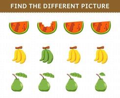 juego educativo para niños encuentra la imagen diferente en cada fila frutas sandía plátano guayaba vector