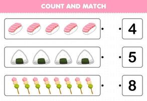 Education game for children count and match count the number of cartoon japanese food sushi onigiri dango and match with the right numbers printable worksheet vector