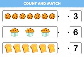 juego educativo para niños contar y combinar contar el número de tostadas de muffin de galletas de comida de dibujos animados y combinar con los números correctos hoja de trabajo imprimible vector