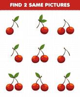 Education game for children find two same pictures fruit cherry vector