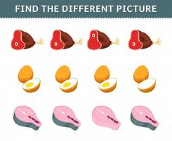 Education game for children find the different picture in each row foods beef egg salmon vector