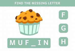 juego educativo para niños encontrar hoja de trabajo de muffin de comida de dibujos animados de letras faltantes vector