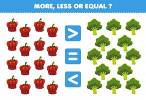 Education game for children more less or equal count the amount of cartoon vegetables paprika broccoli vector