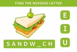 juego educativo para niños encontrar hoja de trabajo de sándwich de bocadillo de comida de dibujos animados de letra faltante vector