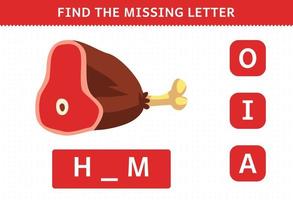 Education game for children find missing letter cartoon food ham worksheet vector
