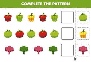 juego educativo para niños completar el patrón de pensamiento lógico encontrar la regularidad y continuar la tarea de la fila con verduras de dibujos animados pimentón tomate espinacas vector