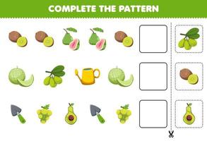 Education game for children complete the pattern logical thinking find the regularity and continue the row task with cartoon green fruits vector