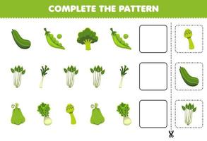 el juego educativo para niños completa el patrón de pensamiento lógico, encuentra la regularidad y continúa la tarea de la fila con dibujos animados de vegetales verdes vector