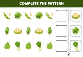 Education game for children complete the pattern logical thinking find the regularity and continue the row task with cartoon vegetables soybean cabbage lettuce kale cauliflower