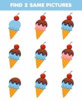 Education game for children find two same pictures food snack ice cream vector