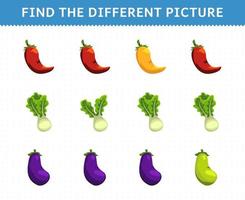 Education game for children find the different picture in each row vegetables chilli lettuce eggplant vector