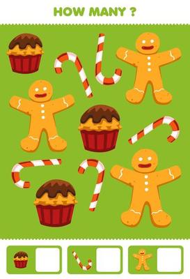 Education game for children searching and counting activity for preschool how many cartoon food snack cupcake candy gingerbread