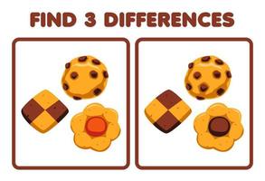 Education game for children find three differences between two cartoon picture of food cookies vector