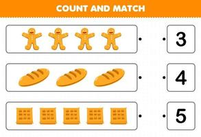 Education game for children count and match count the number of cartoon food bread gingerbread waffle and match with the right numbers printable worksheet vector