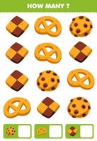 Education game for children searching and counting activity for preschool how many cartoon food snack biscuit cookie vector