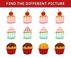 Education game for children find the different picture in each row foods cupcake vector