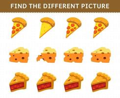 Education game for children find the different picture in each row foods pizza cheese pie vector