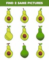 juego educativo para niños encuentra dos imágenes iguales fruta aguacate vector