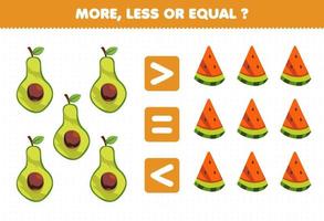 Education game for children more less or equal count the amount of cartoon fruits slice of avocado and watermelon vector