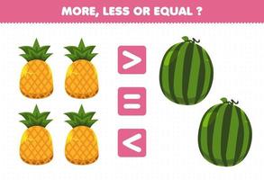 juego educativo para niños más menos o igual cuenta la cantidad de frutas de dibujos animados piña sandía vector