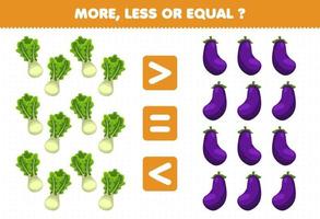 Education game for children more less or equal count the amount of cartoon vegetables lettuce eggplant vector