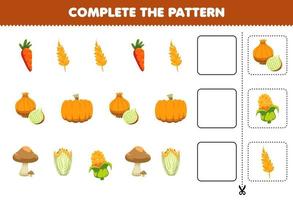 Education game for children complete the pattern logical thinking find the regularity and continue the row task with cartoon vegetables carrot wheat onion pumpkin mushroom corn vector