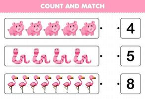 Education game for children count and match count the number of cute cartoon pink animal pig worm flamingo and match with the right numbers printable worksheet vector