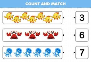 Education game for children count and match count the number of cute cartoon underwater animal fish crab jellyfish and match with the right numbers printable worksheet vector
