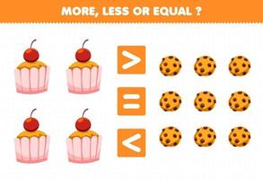 Education game for children more less or equal count the amount of cartoon food cupcake cookies vector