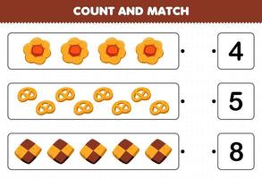 juego educativo para niños cuente y combine cuente el número de galletas de bocadillos de comida de dibujos animados y combine con los números correctos hoja de trabajo imprimible vector