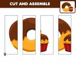 Education game for children cutting practice and assemble puzzle with cartoon food donut and cupcake vector