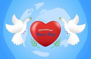 Flat peace day background with dove and love blue background vector