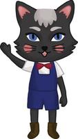 Little Black Cat Mascot with blue eyes Wearing Blue Uniform red bow tie doing hand wave vector