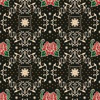 Rose and Jasmine Indonesia Batik Design Flower Seamless Pattern Vector in black, white, red with dots detail Perfect for printed fabric, clothes, houseware, bags, scraf, and accessories