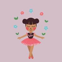 linda ilustración vectorial de ballet con vestido de tutú rosa haciendo una pose con los ojos cerrados y la boca sonriente para niños o libros para niños vector