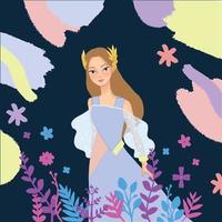Magical Princess Illustration in feminine and elegant blue gown with gold headpiece, flat shapes and leaves, flower. Perfect for kids book or toy, woman beauty product such as skincare and cosmetic
