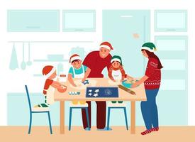 Family In Santa Hats Making Christmas Cookies In The Kitchen. Flat Vector Illustration.