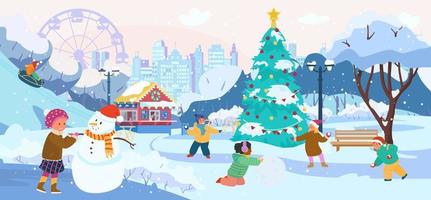 paisaje de parque de invierno con niños jugando bolas de nieve, haciendo muñecos de nieve, montando tubos de nieve. café del parque, silueta de la ciudad, árbol de navidad, árboles nevados. ilustración vectorial plana. vector