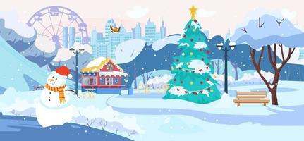 paisaje del parque de invierno sin gente. café del parque, silueta de la ciudad, árbol de navidad, árboles nevados. ilustración vectorial plana. vector