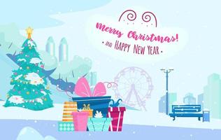 paisaje de parque de invierno con silueta de ciudad, noria, árbol de navidad, árboles nevados, banco y cajas de regalos. tarjeta de feliz navidad y feliz año nuevo. ilustración vectorial plana. vector