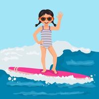 Linda niña surfista con gafas de sol agitando la mano montando en tabla de surf en olas de mar en la playa en verano vector