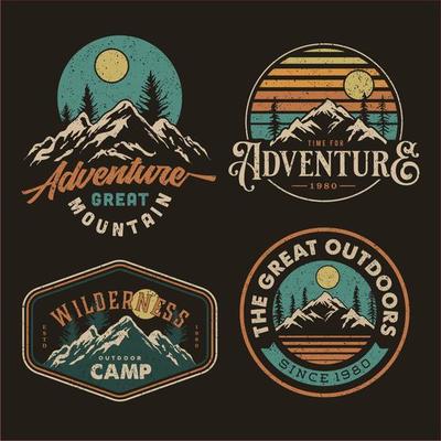 set collection of vintage adventure badge. Camping emblem logo with mountain illustration in retro hipster style