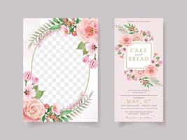 Pink rose and cherry blossom wedding invitation card template vector