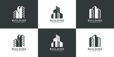 conjunto de logotipo de construcción con estilo de arte de línea. resumen de construcción de la ciudad para la inspiración del diseño del logotipo vector